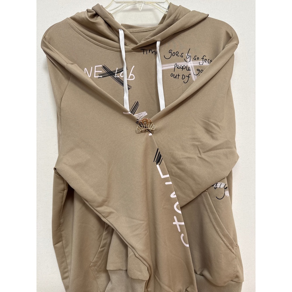 Shein Tan Graffiti Bear Graphic Hoodie Small Streetwear Pullover Pocket